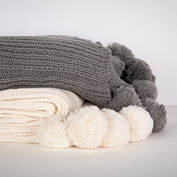 Best Home Fashion Ivory Knitted Pom Throw Blanket 50"x60"