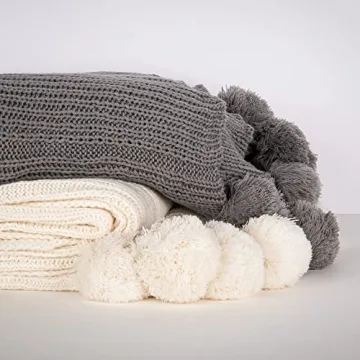 Best Home Fashion Ivory Knitted Pom Throw Blanket 50"x60"