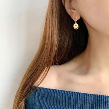 Preppy Earrings for Women Smile Face Heart Charms Pendants Gold Small Huggie Hoop Dangle Drop Earrings Trendy Y2K Jewelry Gifts
