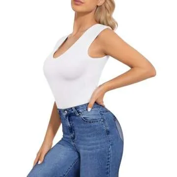 MANGOPOP Double Lined Sleeveless V Neck Tank Tops Fashion Bodysuits for Women