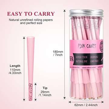 TISFA Pink Pre rolled Cones 60 Pack Rolling Papers King Size Rolling Cones with Packing Sticks