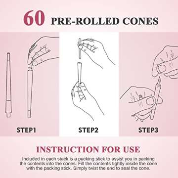 TISFA Pink Pre rolled Cones 60 Pack Rolling Papers King Size Rolling Cones with Packing Sticks