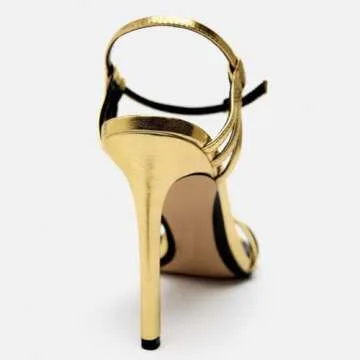 Makmeoyw Fashion Rhinstone Stiletto High Heels Ankle Strap Sandals Round Toe Dress Sandals Gold Sexy Party Wedding Bride Summer Shoes Size 7