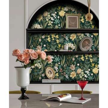 Lativo Floral Peel and Stick Wallpaper Vintage Floral Contact Paper for Cabinets Drawers Liner Boho Contact Paper Dark Green Leaf Flower Removable Self Adhesive Wallpaper for Bedroom 17.3inW78.7inL
