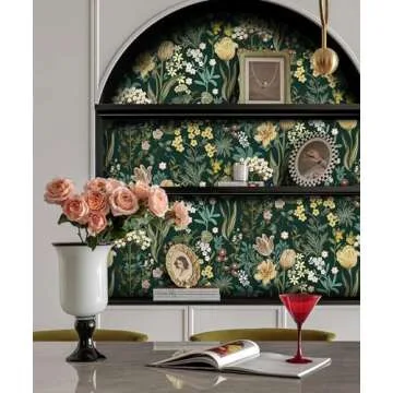 Lativo Floral Peel and Stick Wallpaper Vintage Floral Contact Paper for Cabinets Drawers Liner Boho Contact Paper Dark Green Leaf Flower Removable Self Adhesive Wallpaper for Bedroom 17.3inW78.7inL