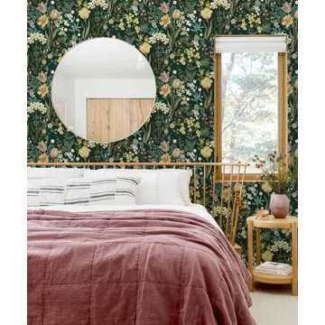 Lativo Floral Peel and Stick Wallpaper Vintage Floral Contact Paper for Cabinets Drawers Liner Boho Contact Paper Dark Green Leaf Flower Removable Self Adhesive Wallpaper for Bedroom 17.3inW78.7inL
