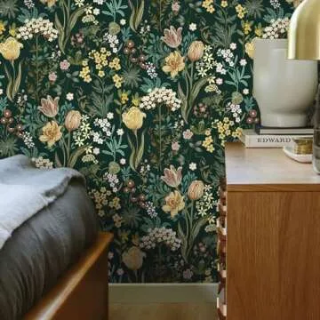 Lativo Floral Peel and Stick Wallpaper Vintage Floral Contact Paper for Cabinets Drawers Liner Boho Contact Paper Dark Green Leaf Flower Removable Self Adhesive Wallpaper for Bedroom 17.3inW78.7inL