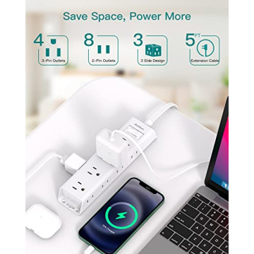 Flat Plug Power Strip with 12 Outlets and Surge Protection