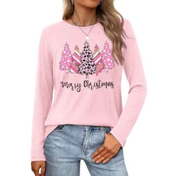HQP Christmas Shirts for Women: Long Sleeve Christmas Shirts Xmas Tree Graphic Vacation Tees Tops