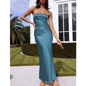 Realtix Satin Silk Backless Tube Tops Maxi Dress for Women Low Back Hollow Out Elegant Strapless Long Dresses Wedding Guest Dark Blue