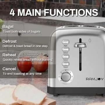 RAMJOY Toaster 2 Slice, Extra Wide Slot Toaster for Bagels, Bread, Waffles, 7 Shade Settings, 4 Main Functions, Removable Crumb Tray, 900 Watts Toasters, Brushed Stainless Steel