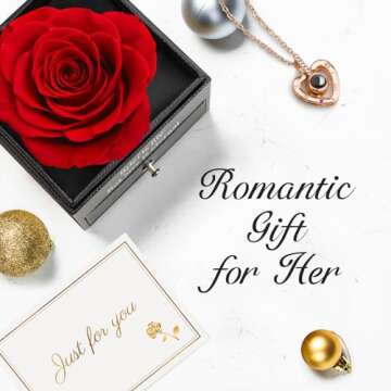 HEGUD Preserved Real Rose with I Love You Necklace in 100 Language, Valentines Day Gift for Her, Gir...
