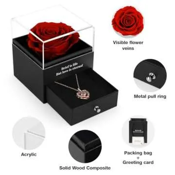 HEGUD Preserved Real Rose with I Love You Necklace in 100 Language, Valentines Day Gift for Her, Girlfriend, Eternal Real Rose Flower Gifts for Women Mom Wife on Mothers Day Birthday Anniversaries