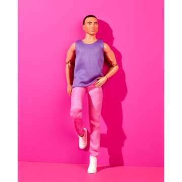 Barbie Looks Ken Fashion Doll with Black Hair Dressed in Purple Mesh Top & Pink Trousers, Posable Collectible with Made to Move Body