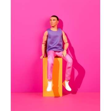 Barbie Looks Ken Fashion Doll with Black Hair Dressed in Purple Mesh Top & Pink Trousers, Posable Collectible with Made to Move Body