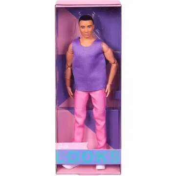 Barbie Looks Ken Fashion Doll with Black Hair Dressed in Purple Mesh Top & Pink Trousers, Posable Collectible with Made to Move Body
