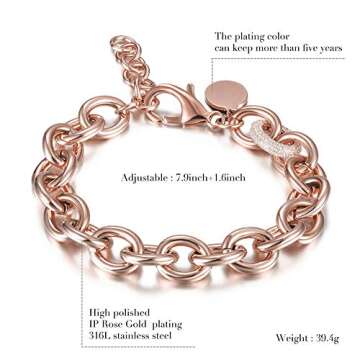 CIUNOFOR Bracelet Designer Brand Inspired Antique Women Jewelry Cable WireVintage Valentine's Day Wide Cuban Curb Link Bracelet Stainless Steel Adjustable Chain for Men (Medium Rose Gold, 9'')