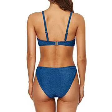 beautyin Women Blue Sparkle Bandeau Crop Top Two Piece Bikini Set Bathing Suit