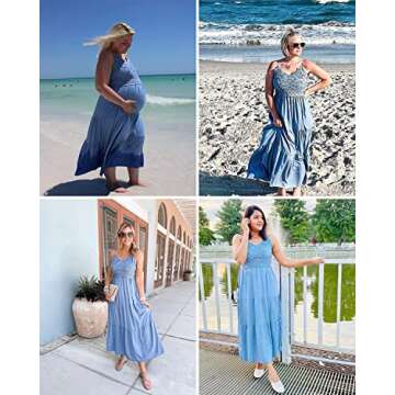 Dokuritu Women's Beach Crochet Lace Maxi Dress Cocktail Vacation Summer Spaghetti Strap Slate Blue Long Dress Wedding Guest Dress 2024(Blue,M)