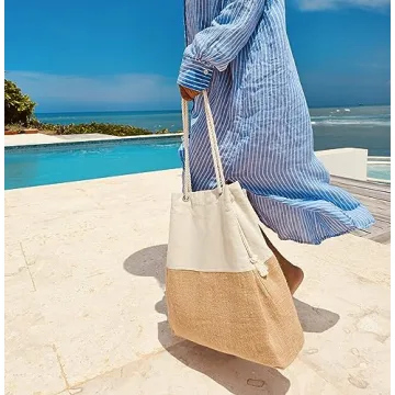 TRIBECA TRIBE Large Beach bag for women - travel tote beach bag- women vacation beach bag hat holding beach bag - beach tote (Beige)