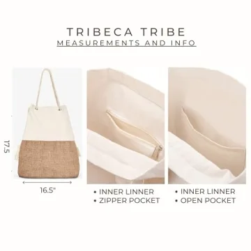 TRIBECA TRIBE Large Beach bag for women - travel tote beach bag- women vacation beach bag hat holding beach bag - beach tote (Beige)
