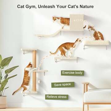 FUKUMARU Cat Wall Shelves, Stable & Safe 4 in 1 Large Cat Walls Furniture Set, Wooden Kitten Climbing Wall with Scratching Post for 16 Inch Drywall - Beige
