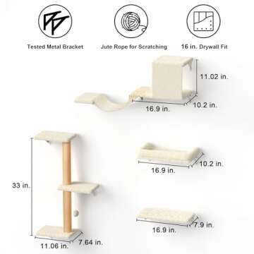 FUKUMARU Cat Wall Shelves, Stable & Safe 4 in 1 Large Cat Walls Furniture Set, Wooden Kitten Climbing Wall with Scratching Post for 16 Inch Drywall - Beige