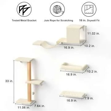 FUKUMARU Cat Wall Shelves, Stable & Safe 4 in 1 Large Cat Walls Furniture Set, Wooden Kitten Climbing Wall with Scratching Post for 16 Inch Drywall - Beige