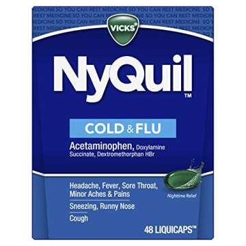 VICKS NyQuil Cold & Flu Relief Over-the-Counter Medicine, Powerful Multi-Symptom Nighttime Relief for Headache, Fever, Sore Throat, Minor Aches & Pains, Sneezing, Runny Nose, and Cough, 48 LiquiCaps