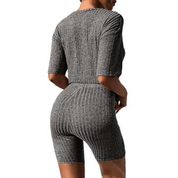 Ekouaer Pajamas 2 Piece Lounge Sets Ribbed Knit Matching Outfits T-shirt Biker Shorts Sleepwear Loun...