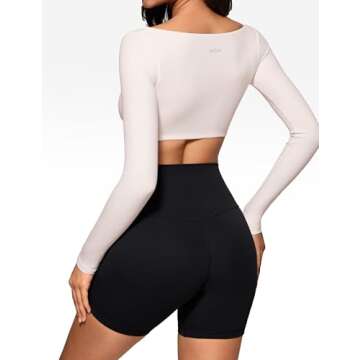 INGIA Womens Square Neck Long Sleeve Crop Top Workout Athletic Yoga Basic Tee Bandeau Fitted T-Shirt with Built in Bra Coconut White Medium