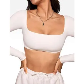 INGIA Womens Square Neck Long Sleeve Crop Top Workout Athletic Yoga Basic Tee Bandeau Fitted T-Shirt with Built in Bra Coconut White Medium
