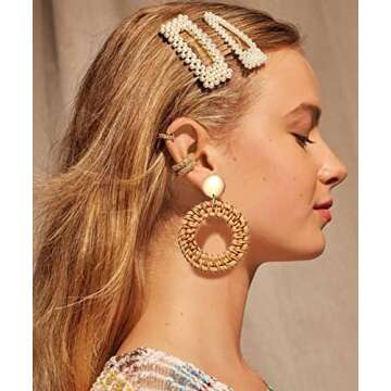 Rattan Earrings Boho Rattan Ball Hoop Earrings for Women Handmade Summer Beach Raffia Dangle Earring...