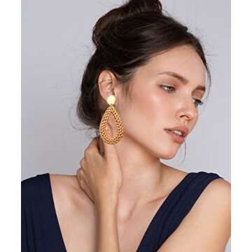 Rattan Earrings Boho Rattan Ball Hoop Earrings for Women Handmade Summer Beach Raffia Dangle Earring Set Statement Straw Wicker Earrings Gifts (4Pairs Rattan Set)