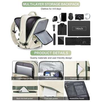 VGCUB Large Travel Backpack Bag for Women Men,Carry on Backpack,17 Inch Laptop Business Work Waterproof Backpack with Laptop Compartment,Person Item Flight Approved,Mochila de Viaje,Beige with Green