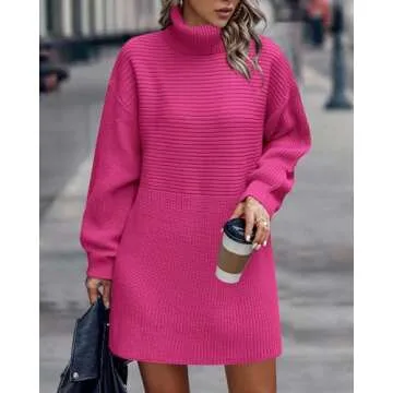 KIRUNDO Women's 2024 Trendy Fall Winter Lightweight Oversized Turtleneck Sweater Dress Slouchy Tunic Ribbed Knit Pullover Rose Red