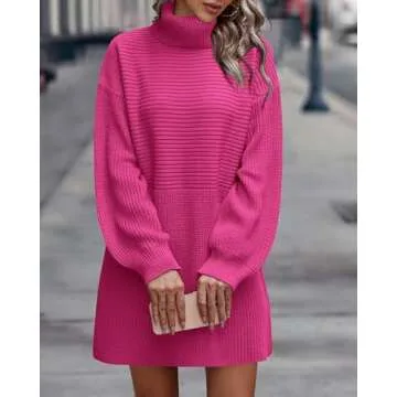 KIRUNDO Women's 2024 Trendy Fall Winter Lightweight Oversized Turtleneck Sweater Dress Slouchy Tunic Ribbed Knit Pullover Rose Red
