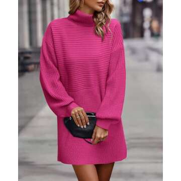 KIRUNDO Women's 2024 Trendy Fall Winter Lightweight Oversized Turtleneck Sweater Dress Slouchy Tunic Ribbed Knit Pullover Rose Red