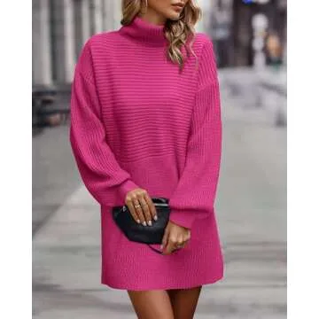 KIRUNDO Women's 2024 Trendy Fall Winter Lightweight Oversized Turtleneck Sweater Dress Slouchy Tunic Ribbed Knit Pullover Rose Red