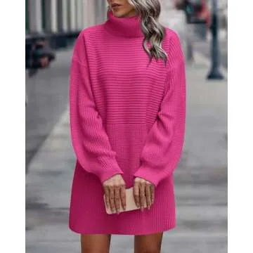 KIRUNDO Women's 2024 Trendy Fall Winter Lightweight Oversized Turtleneck Sweater Dress Slouchy Tunic Ribbed Knit Pullover Rose Red