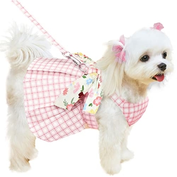 ABRRLO Cute Plaid Dog Dress Harness Leash Set for Small Medium Dog Cats Girl Pink Summer Pet Clothes...