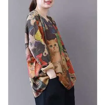 YESNO Women Christmas Sweater Graphic Printed Oversized Pullover Sweaters Casual Loose Knit Tops L S01 CR01