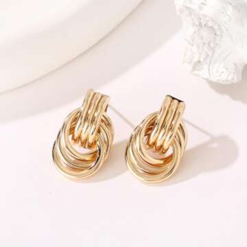 GAOKOXI Gold Statement Geometric Earrings for Women Chunky Gold Knot Link Drop Dangle Earrings Trendy Jewelry Gift