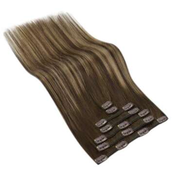 Sunny Hair Clip in Hair Extensions Straight Human Hair Clip in Extensions Remy Clip in Hair Extensions Real Human Hair Extensions Clip ins Balayage Chocolate Brown Ombre Caramel Blonde 18inch