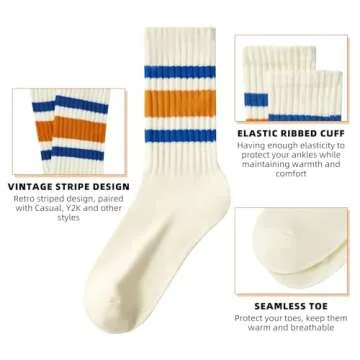 Century Star Retro Striped Novelty Socks For Women Vintage Casual Crew Socks Sporty Calf Socks Cotton Socks Women 3 Black-Green&Blue-Green&Blue-Orange