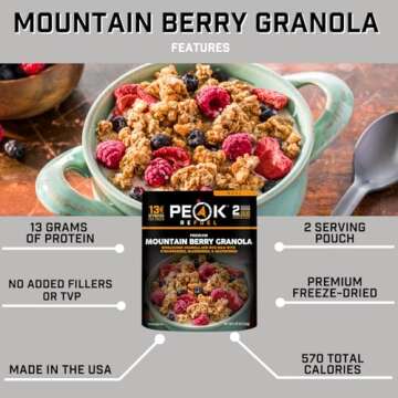 Peak Refuel Mountain Berry Granola with Rice Milk | Vegan, Dairy Free | Freeze Dried Backpacking and...
