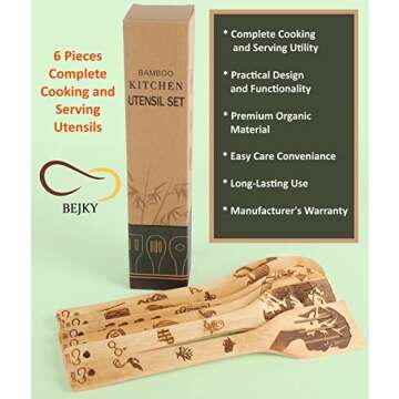 Bejky 6-Pcs Wooden Bamboo Spoons Set - Organic Food Cooking Utensils Kitchen Accessories & Home Decor Cookware Gifts for Women Easy Wash Spatulas 3D Engraved Patterns (Magical Wizard Style), 12-''
