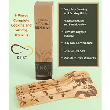 Bejky 6-Pcs Wooden Bamboo Spoons Set - Organic Food Cooking Utensils Kitchen Accessories & Home Decor Cookware Gifts for Women Easy Wash Spatulas 3D Engraved Patterns (Magical Wizard Style), 12-''