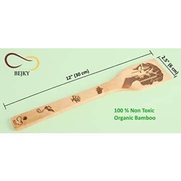 Bejky 6-Pcs Wooden Bamboo Spoons Set - Organic Food Cooking Utensils Kitchen Accessories & Home Decor Cookware Gifts for Women Easy Wash Spatulas 3D Engraved Patterns (Magical Wizard Style), 12-''