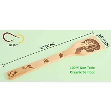 Bejky 6-Pcs Wooden Bamboo Spoons Set - Organic Food Cooking Utensils Kitchen Accessories & Home Decor Cookware Gifts for Women Easy Wash Spatulas 3D Engraved Patterns (Magical Wizard Style), 12-''